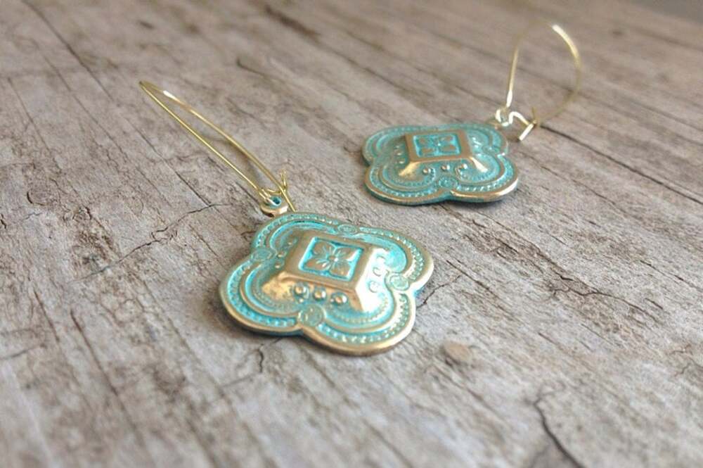 LAST PAIR! Moroccan quatrefoil earrings. Bohemian golden brass with turquoise pa